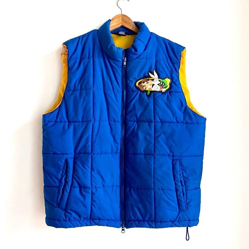 Vintage Warner Bros Studio Store Blue Bugs Bunny Taz Patchwork Vest L